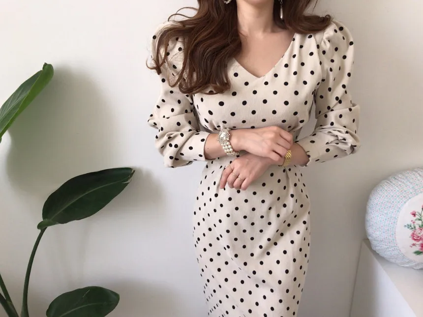 French style Spring autumn Women Casual Polka Dot Print A-Line Party Corduroy Dresses Eleagnt lace-up Slim Dress Fashion