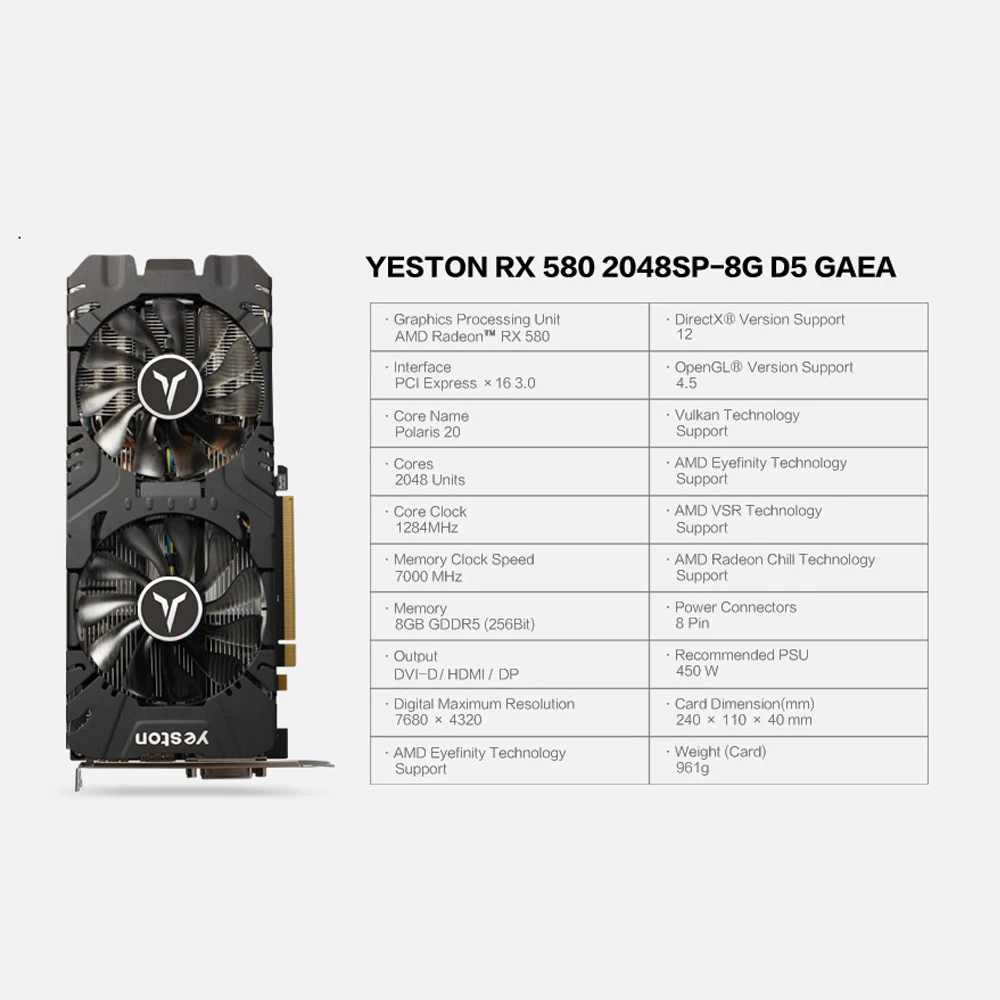  Yeston Radeon RX 580 GPU 8GB Gaming Desktop computer PC Video Graphics Cards support GDDR5 256bit D