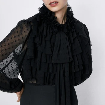 

2019 New Korean Ruffles Dot Translucent Chiffon Shirt Cascading Decoration Stand Collar Bow Long Sleeve Womens Tops and Blouses