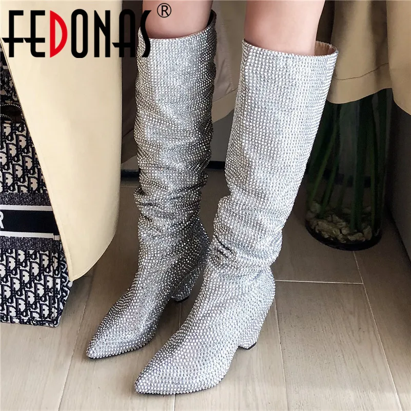 

FEDONAS Women High Heels Pointed Toe Knee High Boots Autumn Night Club Long Shoes Woman Blingbling New Fashion Motorcycle Boots