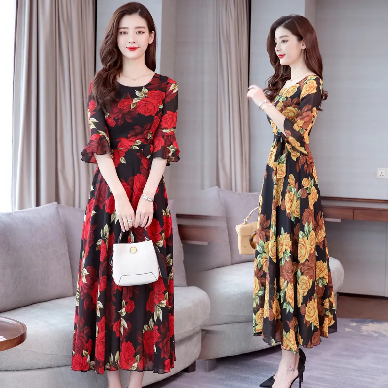 

2019 Summer New Style Printed Large Size Dress Long Big Hemline Bohemian Beach Skirt Fairy