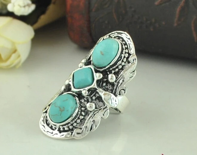 Vintage Tibet Boho Metal Opal Green Stone Ring Adjustable For Women Party Turquoises Antique Big Oval Carved Flower Rings Indian