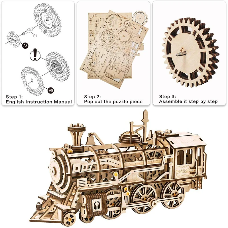 ROKR DIY 3D деревянная головоломка модель поезда Заводной механизм привод локомотив Сборная модель Строительный набор игрушки для детей и взрослых LK701
