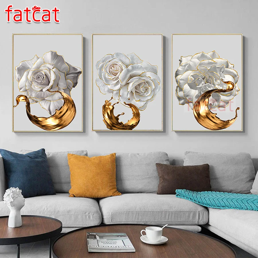 Алмазная 5d картина с абстрактным золотым и белым цветком FATCAT полноразмерная