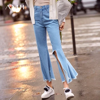 

Amii Minimalist Ripped Flared Pants Spring Women Loose Zipper Female Jeans 11970023