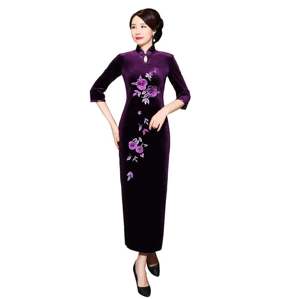 T0063B Шанхай история бархат Cheongsam китайское платье вышивка Qipao длинное - Цвет: T0063B