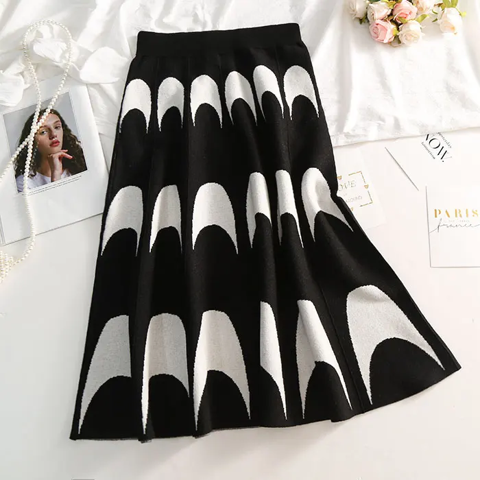 REALEFT Autumn Winter Warm Knitted Midi A-line Skirts High Waist Moon Pattern Casual Skater Skirts Female New Arrival