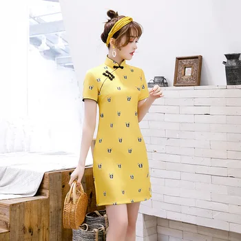

S-3XL Chinese Style Mini Cheongsam Women Elegant Slim Short Dress Retro High Split Sexy Button Party Evening Qipao Lady Vestido