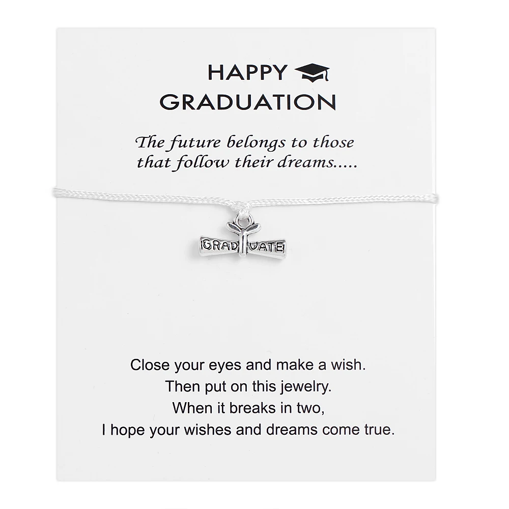 HAPPY GRADUATION series silver Jewelry Scroll engraved GRADUATE pendant White Wax Cord Wish Card Bracelets Adjustable 1pcs | Украшения и