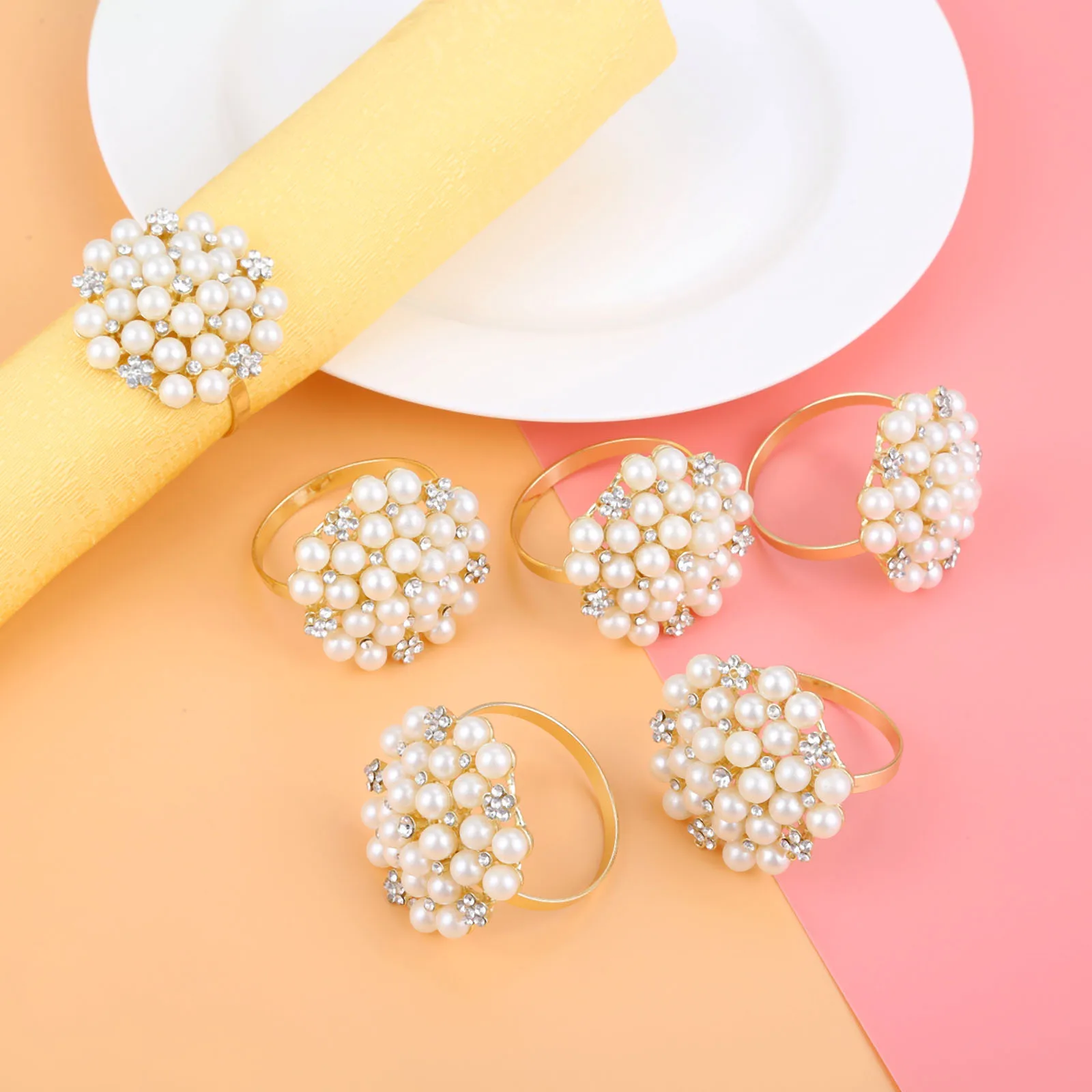 

6Pc Rhinestone Pearl Napkin Rings Metal Christening Banquet Dinner Table Serviette Napkin Buckle Holder Wedding Party Decoration