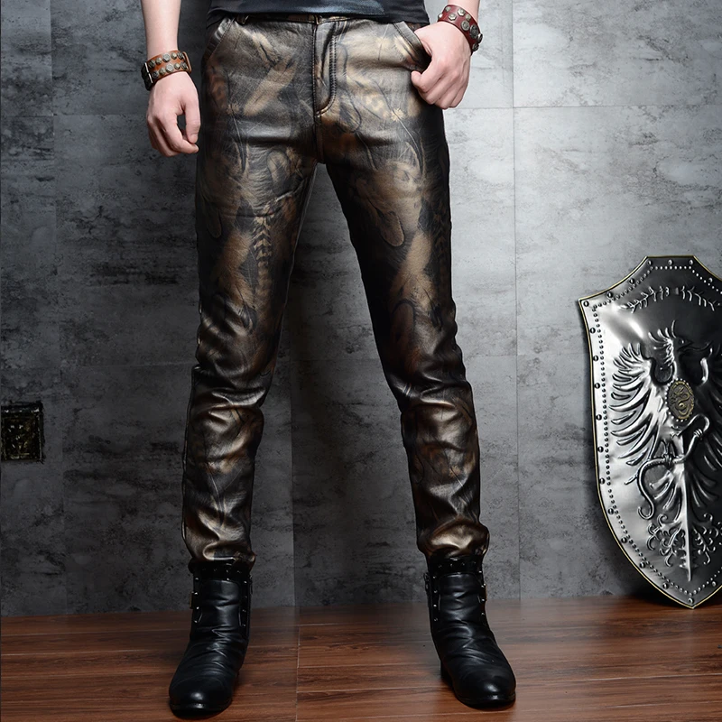 #2223 Feather Printed Skinny Faux Leather Pants Men Gold Blue Tight PU ...