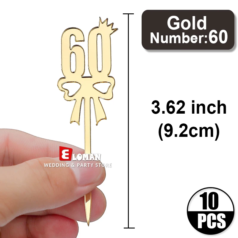 Num 60-Golden-10pcs 10 шт., украшения для празднования первого дня рождения для мальчиков и девочек, акриловые украшения для кексов, 1/10/20/30/40/50/60/70/80/90/100 - Цвет: Num 60-Golden-10pcs