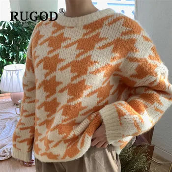 

RUGOD vintage yellow plaid pattern sweater pullovers for women o neck thick loose knitted sweater korean fashion female tunic