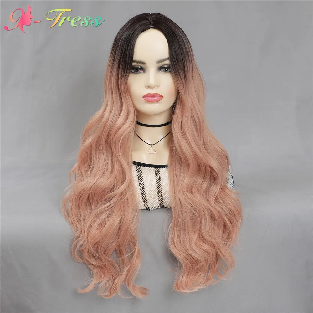 X-TRESS Orange Pink Ombre Colored Synthetic Machine Made Wig Middle Part Long Wavy Hairstyle Cosplay Natural Hair For Women |