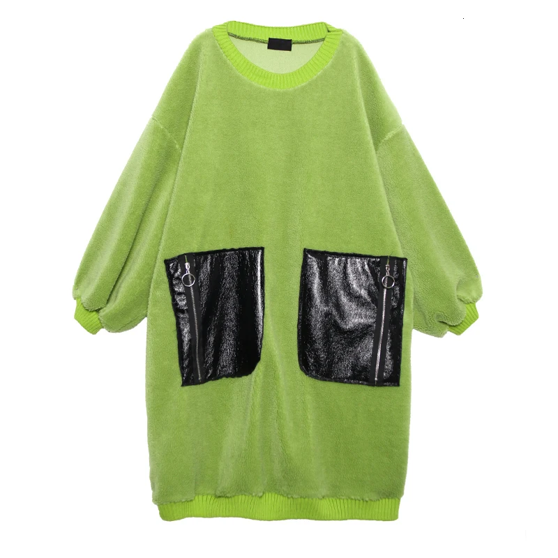 [EAM] женское платье из овечьей шерсти с большим карманом, большие размеры, новинка, круглый вырез, длинный рукав, свободный крой, мода, весна-осень 19A-a830 - Цвет: green