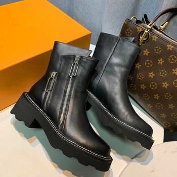 

Punk Style Platform Women Ankle Boots Genuine Slip On Women's Motorcycle Boot Fashion Ladies Chunky Shoes Combat Boots Women