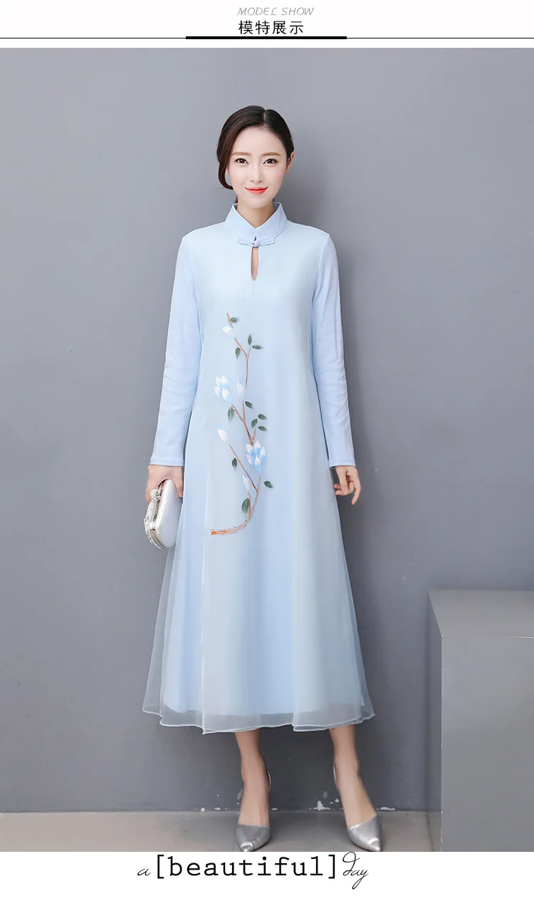 Photo Shoot Spring And Summer Retro National Wind Zen Frog Long Skirts Hand-Painted Knitted Organza Cheongsam Dress