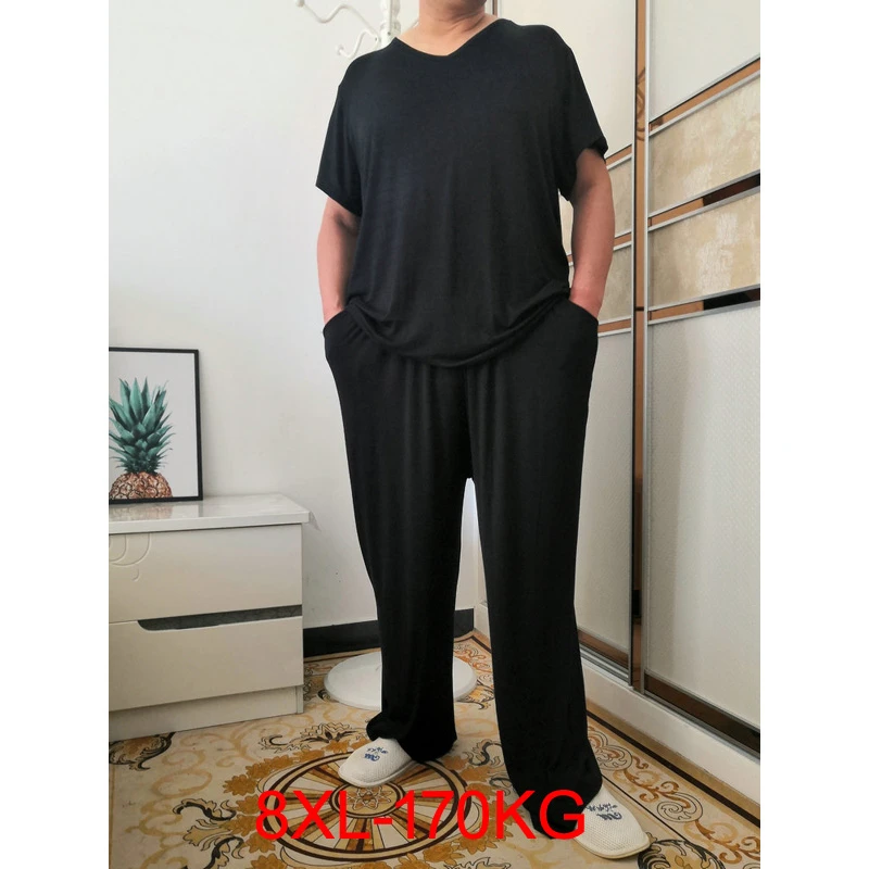 white cotton pyjamas Plus Size 8XL 7XL 6XL 170KG Men Pajamas Sets Summer Modal Home Wear Set Soft Casual Sleep Wear Short Sleeve Top and Long Pants cotton pj set