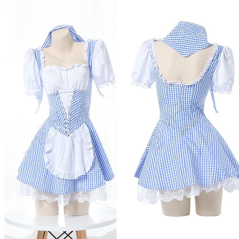 

Japanese Maid Uniform French Maid Servant Cosplay Outfit Lolita Girl Blue White Plaid Apron Dress Halloween Costume For Women