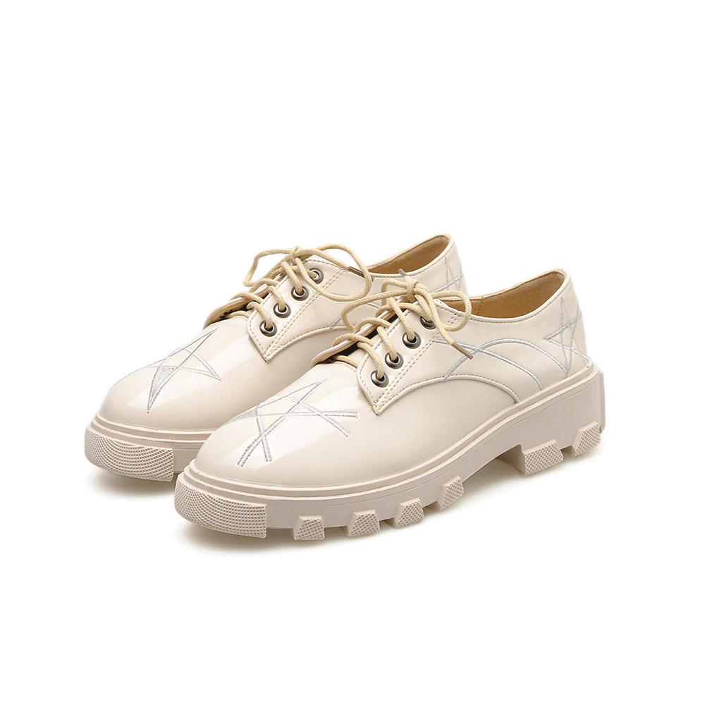 NIUFUNI/женские туфли-оксфорды; коллекция года; новые осенние женские туфли-оксфорды на плоской платформе со звездами; женские туфли на шнуровке из искусственной кожи с круглым носком в стиле ретро