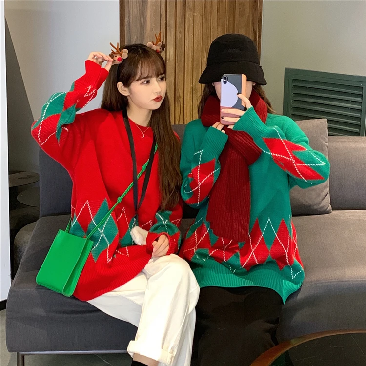 

Women Christmas Sweater Casual Loose Knitted Pullover O-Neck Oversize Sweater Tops Long Sleeve Autumn Winter Knitwear Female