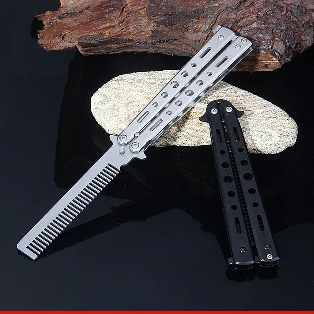 Butterfly Balisong Trainer Training Comb Knife Tool Metal Practice Black  Silver