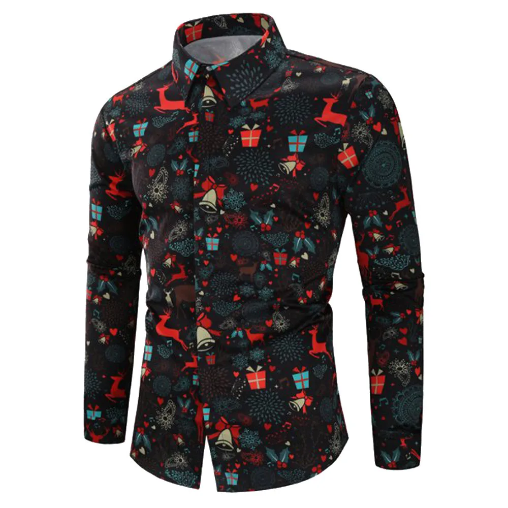 Модная Рождественская рубашка с принтом Санта-Клауса, мужская повседневная рубашка с длинными рукавами на осень и зиму, Рождественский топ, блуза, camisas masculina - Цвет: Черный