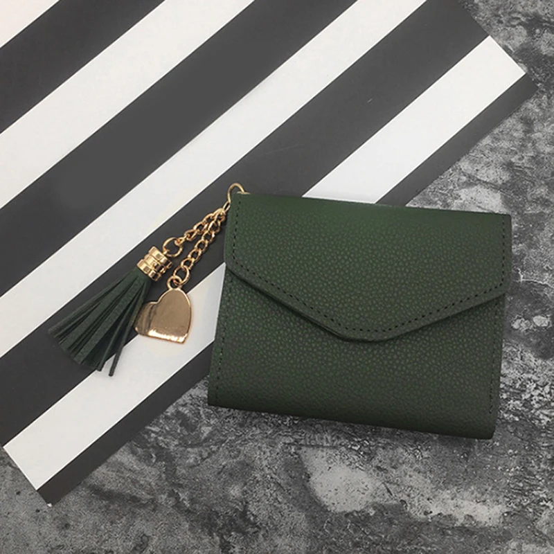 Short Wallet Tassel PU Leather Wallets Female Heart Pendant Hasp Coin Purse Mini Bag