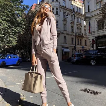 

Hoodies 2 Piece Sets Zipper Fluffy Hooded Knitted Pullovers Drawstring Women Autumn Pants Suits Casual Ensemble Femme 2 Pieces