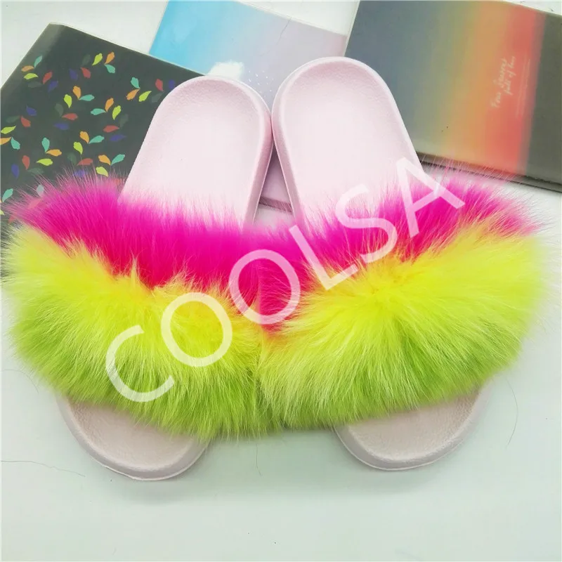 Шлепанцы женские с натуральным лисьим мехом розовые сандалии пушистые плюшевые