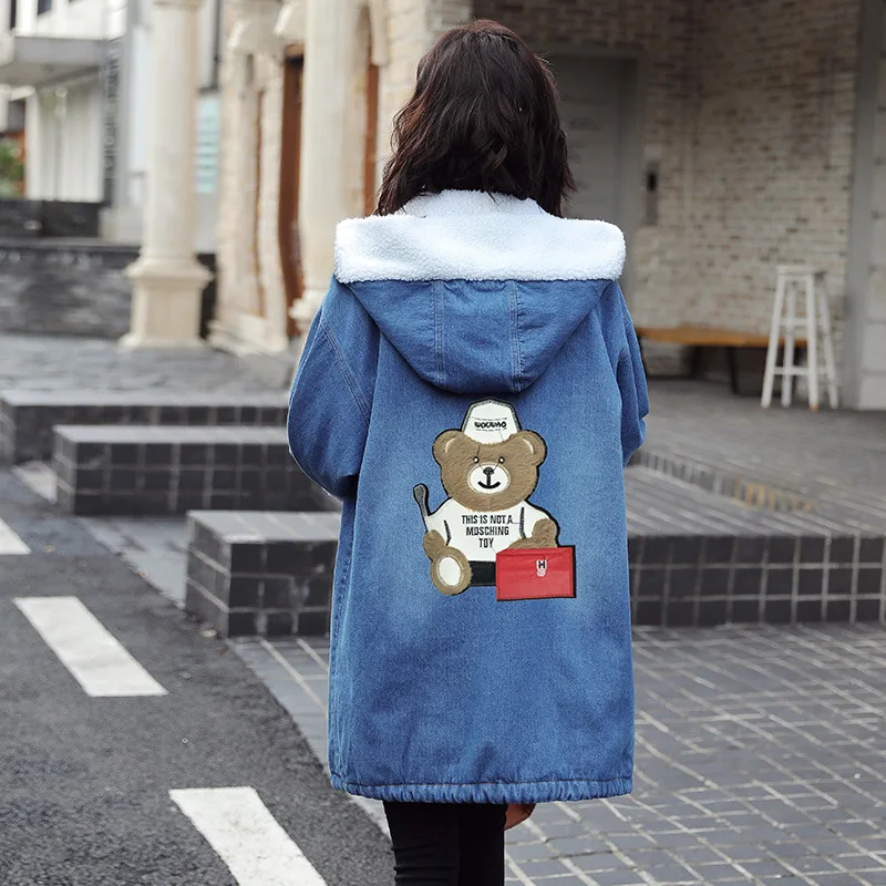 

2019 Winter Korean-style Students Embroidery Berber Fleece Mid-length Cowboy Hooded Brushed And Thick Embroidered Coat