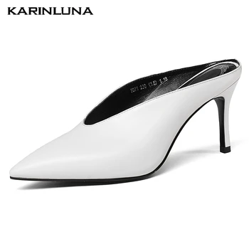 

Karinluna On Sale Sexy Thin High Heels Pointed Toe Genuine Leather Summer women's Skin Sandals Mules Pumps Shoes Woman