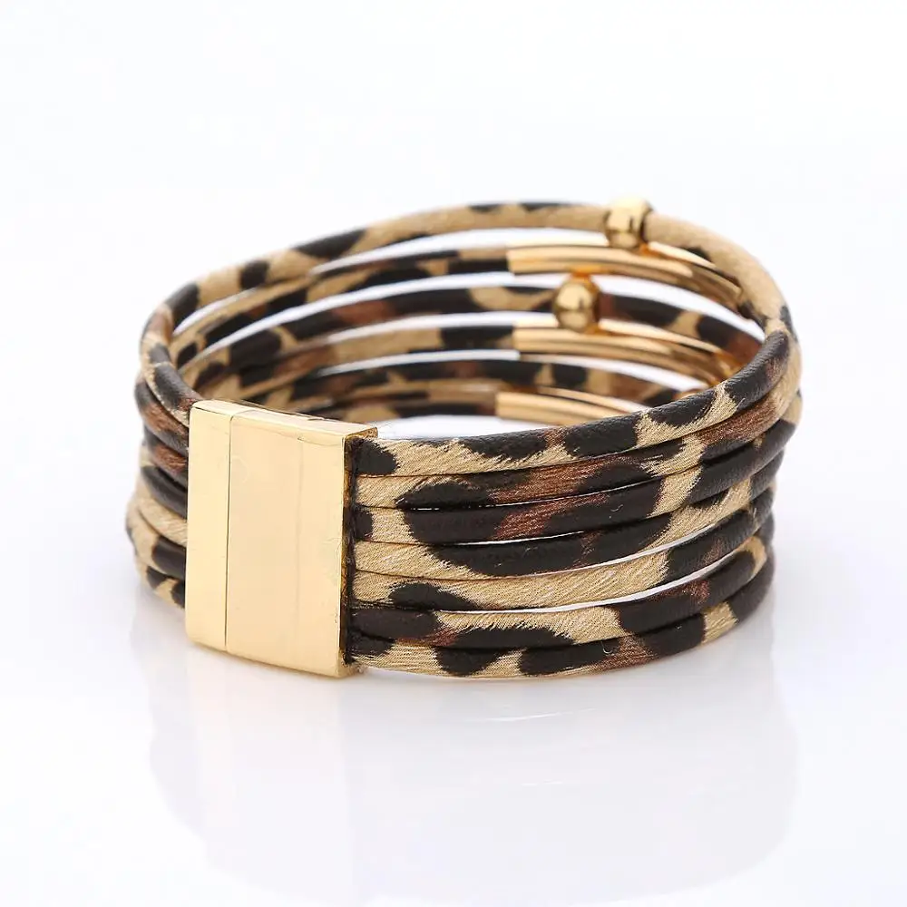 Leather Bracelet Women Vintage Leopard Fashion Multilayer Wide Wrap Bangle