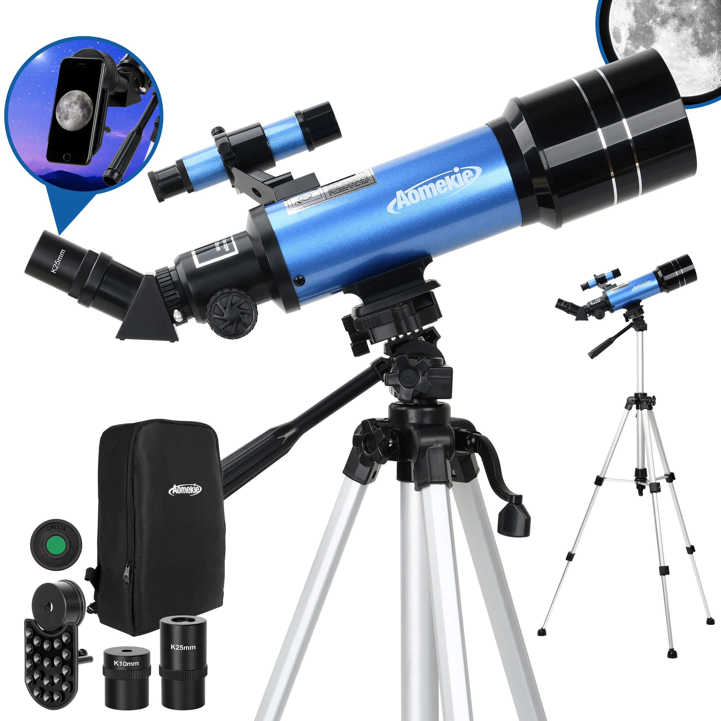 

70mm Large Lens Telescope Astronomical 120X with Adjustable Tripod Backpack 3X Barlow Mobile Holder for Kids Beginners Gift