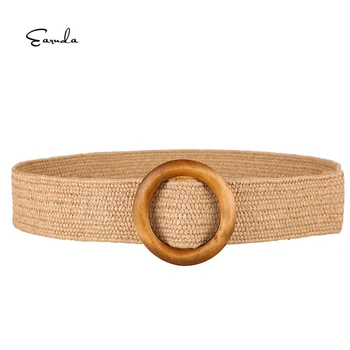 

Earnda Women's PP Grass Woven Waist Belts for Jeans Retro Wood Round Buckle Belt for Dresses