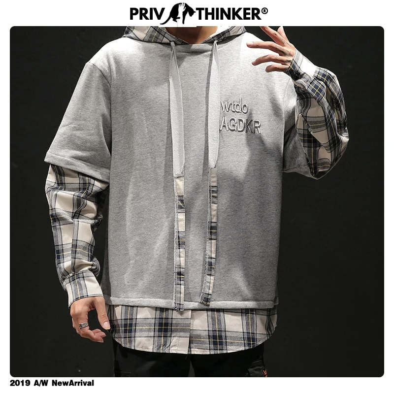 

Privathinker Men Autumn Hooded Fake Two Pieces Sweatshirts 2019 Mens Autumn Patchwork Hip Hop Hoodies Male Oversize Clothes New
