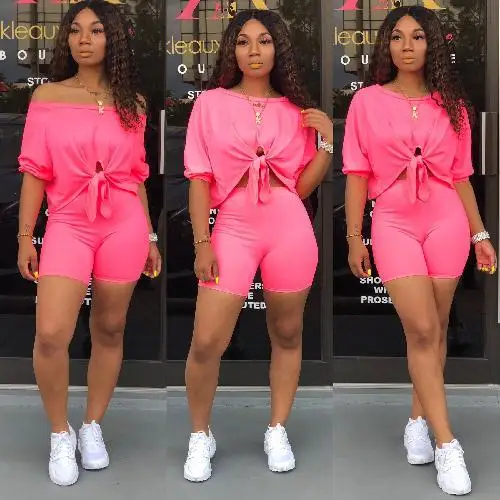 cute two piece sets Summer Women Fashion Neon Green Crop Top Shorts Two-piece Suits Ladies Casual Sport O-neck Solid Outfits Club Streetwear Pink sweat suits women Women's Sets