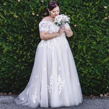 

Plus Size Wedding Dress For Bride 2022 Boho Tulle Off shoulder Lace Appliques Beaded Bridal Gown Sweep Train Vestido De Novia