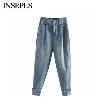 INSRPLS, женские винтажные стильные джинсы со складками, высокая талия, женские джинсы на молнии, с регулируемым краем, джинсовые штаны, женские брюки, джинсы