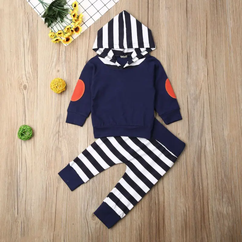 

2020 NEW Hot Winter Toddler Baby Boy Girl Hooded Pullover Striped Pants Outfits Set Clothing Sets