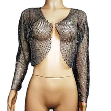 

Fashion Women Short Jacket Shining Inlaid Rhinestone Black Personality Gauze Mesh Short Coat Perspective Ladies Stage Wear