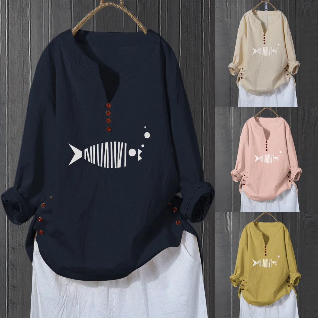 

JAYCOSIN Plus Size Tops Women Long Sleeve V-Neck Printed Cotton Linen Casual Blouse Womens Shirts Fish Print Clothing 19August21