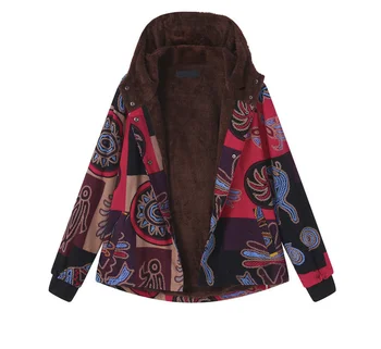 

Fashion Clothes Women Plus Size 5XL Winter Warm Outwear Lady Retro Floral Pocket Vintage Printed Hooded Long Sleeve Plush Coat