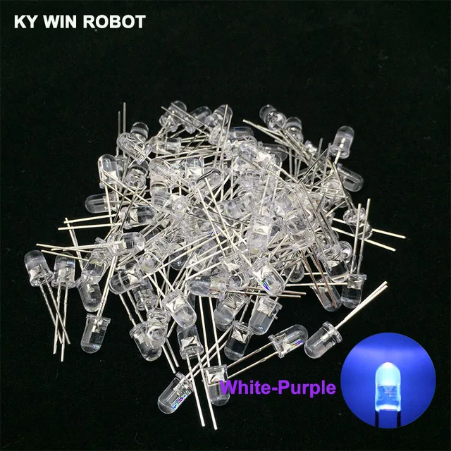 100pcs 5mm LED Diode 5 mm Assorted Kit White Green Red Blue Yellow Orange Pink Purple Warm white DIY Light Emitting Diode 100pcs White-Purple