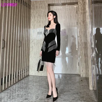 

2019 autumn and winter new Korean women's fashion square collar long sleeve temperament velvet stitching fringed slim dress