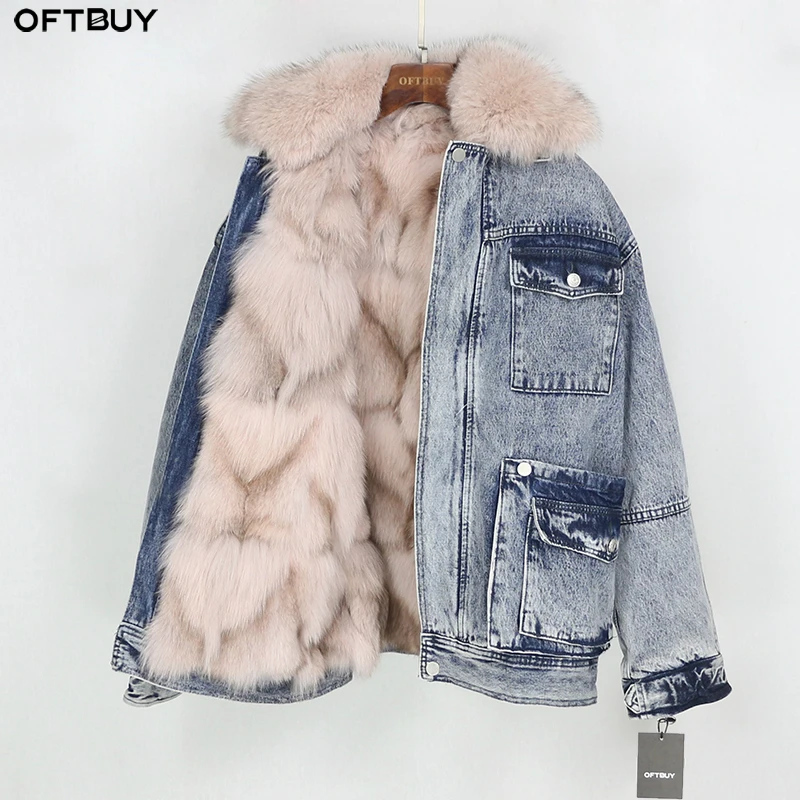 OFTBUY 2019 Denim Parka Real Fur Coat Winter Jacket Women Natural Fox Fur Collar and Liner Loose Outerwear Vintage Old Fashion