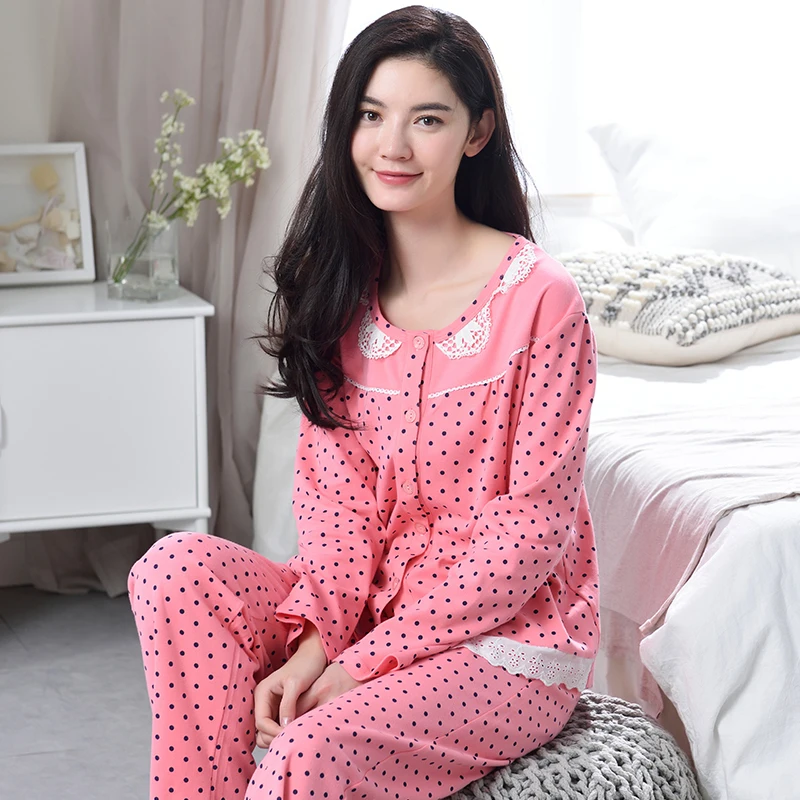 

New Autumn Knitted Cotton Women Pajamas Cartoon Pyjamas Women Long Sleeve Cardigan M-4XL Sleepwear Girls Pijamas