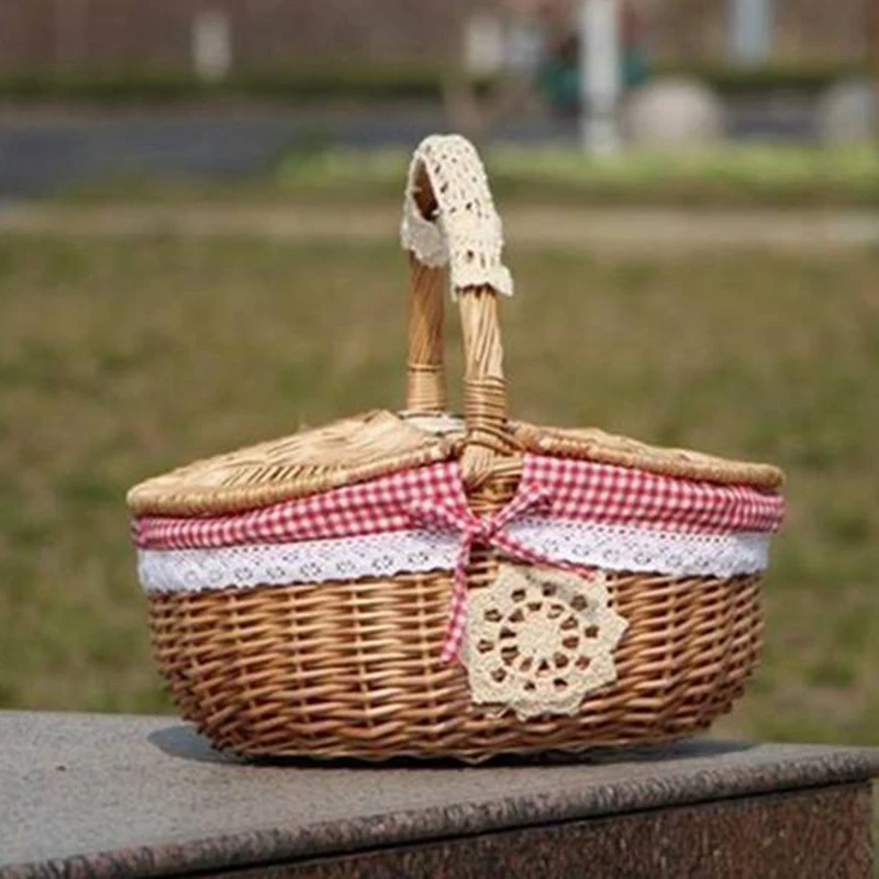 Picnic Basket Hand Made Wicker Camping Shopping Storage Hamper And Wooden Handle 