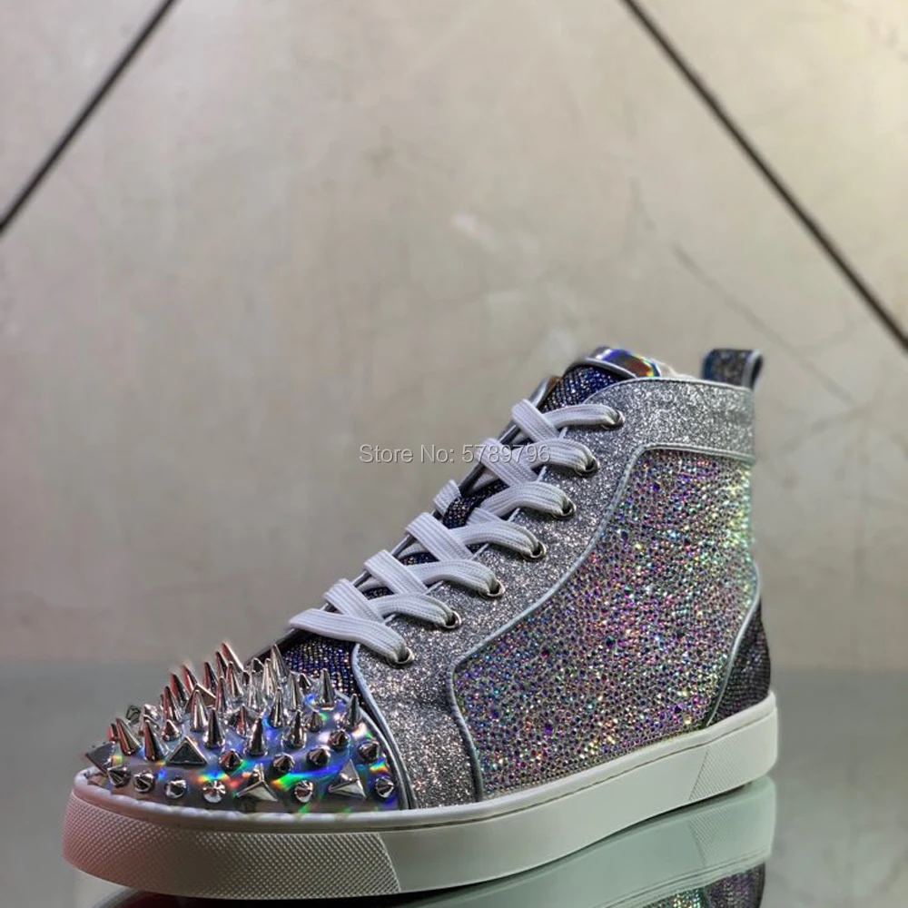High Top Red Bottom Silver Genuine Leather For Men Spike Color Crystal Sports Shoes Casual Flats Loafers Rivets Toecap Sneakers High Top Red Bottom Silver Genuine Leather For Men Spike Color Crystal Sports Shoes Casual Flats Loafers Rivets Toecap Sneakers