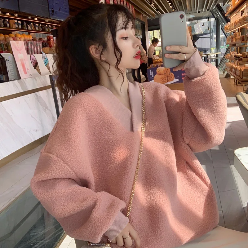 New V-neck Winter Furry Pullover Women Plus Velvet Padded Lamb wool Sweatshirt Korean Fashion Hoodies plus size hoodies | Женская одежда